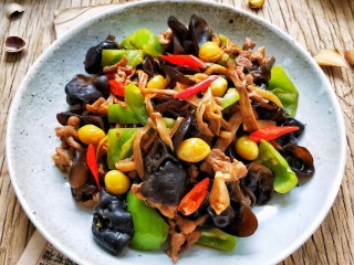 16、有助于抵抗雾霾的木耳黄花菜炒肉,盛盘,开吃吧,希望小朋友们个个身体健康,快乐成长!