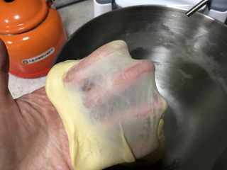 4、圣诞花环面包,检查面团可以拉出很薄的膜即可