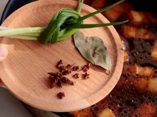 9、红烧肉炖白萝卜,放入生抽、葱结、花椒、八角、一片香叶，盖上锅盖大火烧开，转中火烧；