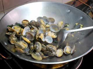 2、紫苏豉汁炒厚甲,倒入洗净了的厚甲，爆炒1分钟左右，炒至张开口。