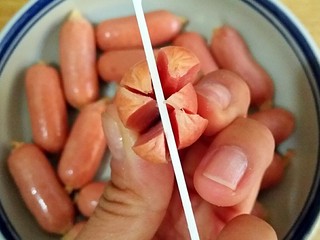 2、红香肠（非油炸）――快手复刻美味,在红香肠一端切三刀，等分成六瓣，切至香肠的三分之二处，在另一段留三分之一处横切一小口。