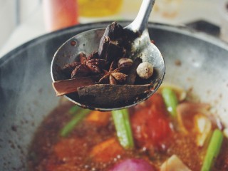 9、台湾牛肉面,加入香料。炒至出香味儿。