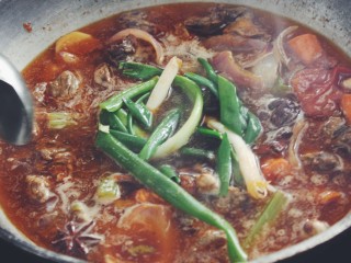 11、台湾牛肉面,加水，没过食材。并加速香葱结、盐，、味极鲜、老抽调味调色。大火烧开后转小火卤制两小时，关火焖制两小时。（卤制成功后洋葱和香葱及西红柿基本融化入汤）