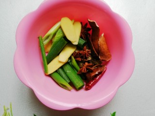 4、萝卜炖排骨,葱切段，姜切片，香料备好