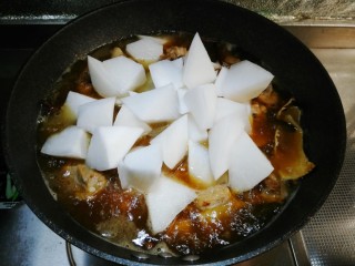 10、萝卜炖排骨,放入切滚刀块的白萝卜烧开，继续炖至萝卜软烂