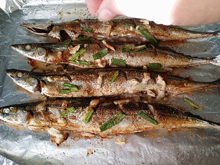 6、烤秋刀鱼,烤制10分钟后取出烤盘、表面再撒些五香椒盐、辣椒面和孜然粉