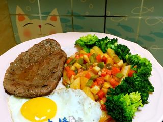 7、“假装米其林”牛排家庭套餐,再煎个太阳蛋，摆盘。