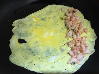 13、虾仁鸡蛋卷,鸡蛋皮的一边放入虾仁碎，如图放成长条状