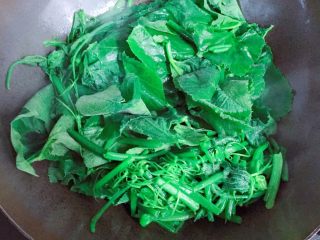 10、清炒南瓜苗,南瓜茎炒至颜色变深，放入南瓜叶翻炒。