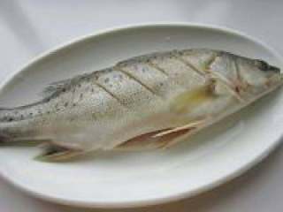 2、清蒸鲈鱼,鲈鱼清洗干净,在鱼背切花刀