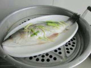6、清蒸鲈鱼,上面加腌制好的鲈鱼,大火蒸10分钟