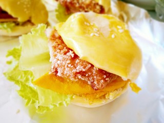 15、家庭版―汉堡包,我做这个是从中间开刀的，再把夹心材料塞进去就可以了，再挤上沙拉酱番茄酱之类的就已经很美味了，你可以做两个汉堡夹心的，就要把汉堡包做薄些，不用像我的这么厚，我的刚出炉就被我捏扁了，都变形了，用两块夹心就要好看点。个人喜欢吧，反正都是自己吃的，不用太讲究啦????