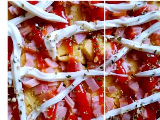 2、家庭美味培根披萨,把培根，芝士切成条状，把培根均为撒在披萨饼上，再分别浇番茄酱和沙拉酱，在均匀撒一些Pizza草，用来增加香味