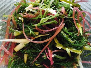 5、凉拌石花菜,倒入适量香油、鸡精粉搅拌均匀