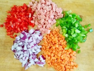 2、波点蛋包饭,彩椒、洋葱、胡萝卜，火腿肠切成小丁。