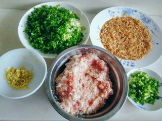 5、虾皮猪肉馄饨,用生食菜板、菜刀，将老姜剁碎，猪肉剁成比较细碎的馅；用熟食菜板、菜刀，将小香葱切碎，装大盘中的，用于拌馅，装一小盘葱花，用于最后撒在煮熟的馄饨上。