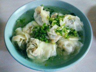 19、虾皮猪肉馄饨,装入有小白菜垫底的碗中，撒上葱花。