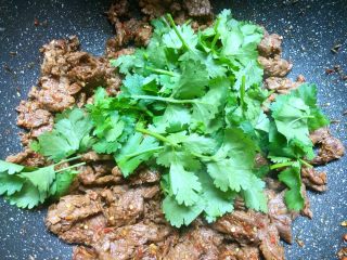 13、孜然牛肉,放入香菜
