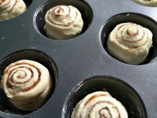 17、肉桂面包卷,摆放到模具里接着放入烤箱开发酵功能，烤箱底部放一杯热水发酵到面团2倍大