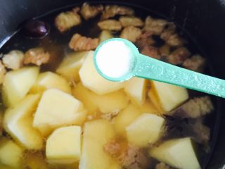 10、土豆炖牛肉,加入盐再炖十五分钟