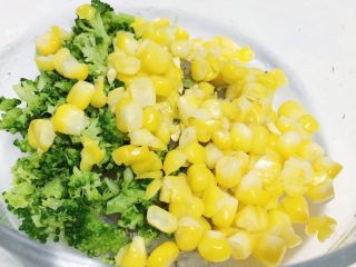 8、彩蔬鲜虾面条丸子,将虾泥 西兰花碎和玉米粒混合在一起