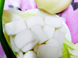 1、韩国辣炒年糕片家庭版,准备材料，年糕片，洋葱，白菜，蒜苗