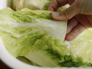 6、制作自家口味的韩式泡菜,将盐分充分洗掉。把白菜从根部的切口撕开。