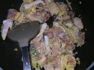 9、红炆鸡块,加入鸡块翻炒至变色