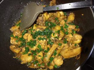 15、红炆鸡块,然后撒上葱花翻炒均匀即可出锅