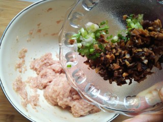 11、萝卜肉卷,加入切碎的香菇和小葱。