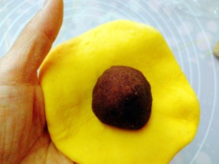 14、#最爱包子#+仿真小南瓜豆沙包,取一个小剂子擀圆，放上豆沙