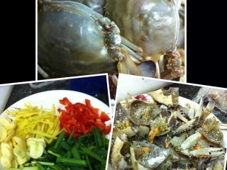 4、姜葱炒蟹,锅里倒入适量的油烧热后放入蟹块煎至两面稍稍金黄在锅边放入蒜片和一半的姜丝,待蒜姜味出来后撒入一点点料酒翻炒,把剩下的姜丝、辣椒丝和葱段放入锅中再翻炒一下,倒入调好的酱汁快速翻炒至收汁后即可装盘