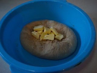 5、栗子软欧,将主料的所有材料倒入面盆，手揉至不沾手的面团再把黄油加入