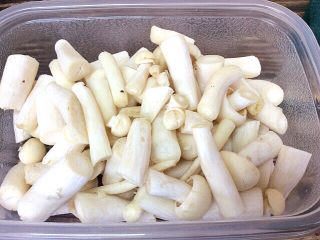 2、白玉菇蒜苔炒蚬子肉,切断