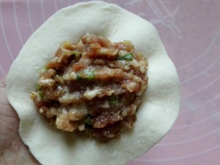 3、水煎包,取一个皮包入适量馅，