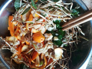 14、#时令菜#清香开胃的折耳根凉拌橙皮,所有食材全部到位,开始用筷子搅拌均匀