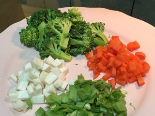 2、“假装米其林”牛排家庭套餐,煮通心粉的时候把洗净的西兰花切小朵，胡萝卜、鸡腿菇、荷兰豆切丁