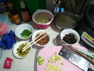 2、广式酸辣薯粉,烧开水，加点盐，分开烫木耳捞起，烫豆芽捞起，烫蒜苗叶捞起，烫两根菜捞起，然后烫薯粉，煮差不多试一下，没有硬心就可以捞起，泡凉白开有冰更好。