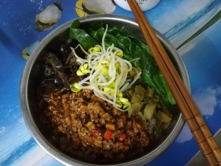 5、广式酸辣薯粉,最后了，把的薯粉放碗里，倒入汤水刚淹了薯粉就可以，然后放入之前准备好的肉酱，木耳丝，酸菜，榨菜，青菜和豆芽，按喜好还可以放炸花生炸黄豆葱花香菜，就大功告成了，吃前拌一起，十分美味！