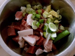 4、白萝卜猪肉馅饺子,猪肉切块，姜葱切小块