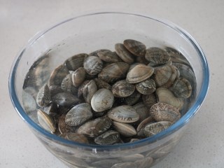 2、深夜食堂之酒蒸蛤蜊,清水中加少许盐，蛤蜊放入盆中吐沙。