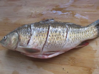 2、糖醋鲤鱼,把两面划几道利于入味。
