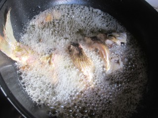 6、糖醋鲤鱼,炸的差不多时就翻个身接着炸，糖醋鱼一定要炸的透些，外皮有些焦脆最好。