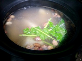 11、莲藕花生煲猪筒骨汤,好了，加盐加香菜。准备喝了。哈哈哈哈????