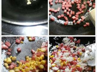 3、家庭版_意式杂炒牛肉饭,油锅烧热放蒜瓣、加入火腿粒翻下、再加入玉米粒、煸炒几分钟后、再加入1碗米饭。