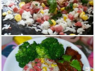 4、家庭版_意式杂炒牛肉饭,翻均匀后、最后加入酱油1少勺与葱花搅拌即可盛在碗中。将碗倒放平碟中、放上西兰花与牛肉片装饰。