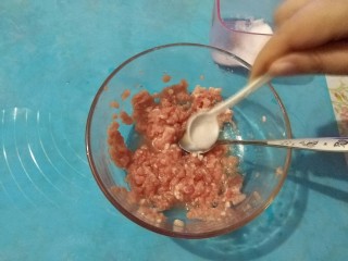 2、家庭版自制锅贴,加入一勺盐，以便上劲。