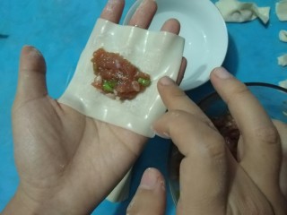 6、家庭版自制锅贴,加入少许肉馅，用清水涂在馄饨皮四边。