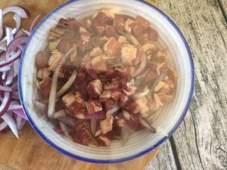 6、孜然羊腿肉,用手抓匀羊腿肉与各配料，保鲜膜封住腌制最少一小时