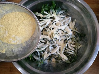 4、忆苦思甜的野菜扒拉,趁着面条菜叶片上还挂着水，将小麦粉和玉米粉混合均匀后用筛子筛在面条菜上。
